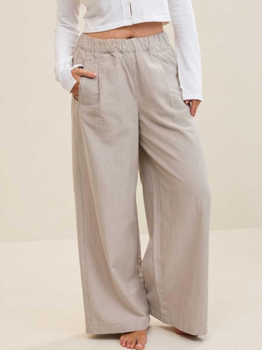 aerie Wide Leg Pinstripe Pants in Light Taupe
